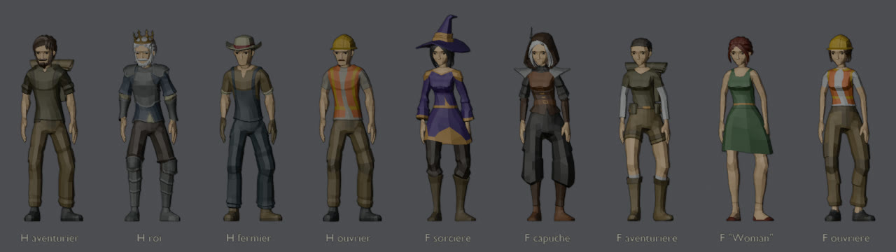 Neuf personnages 3D en tenues modernes ou de fantaisie, vus de face