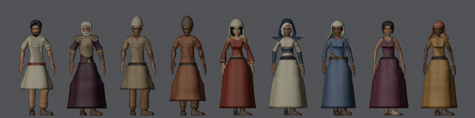 Les mêmes personnages en robes, voiles et tuniques aux couleurs d'époque