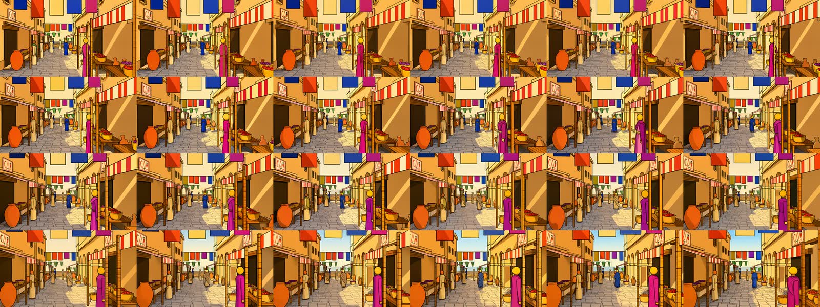 Vingt-quatre vignettes de la rue repeintes en cartoon, le ciel bleuit sur la dernière rangée