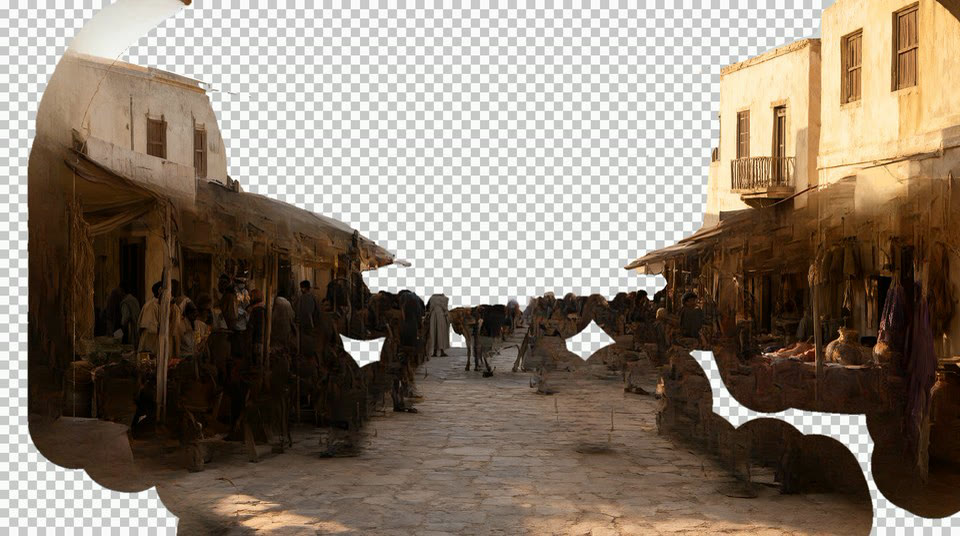 Le calque des maisons seul, avec des silhouettes floues là où se tenait la foule