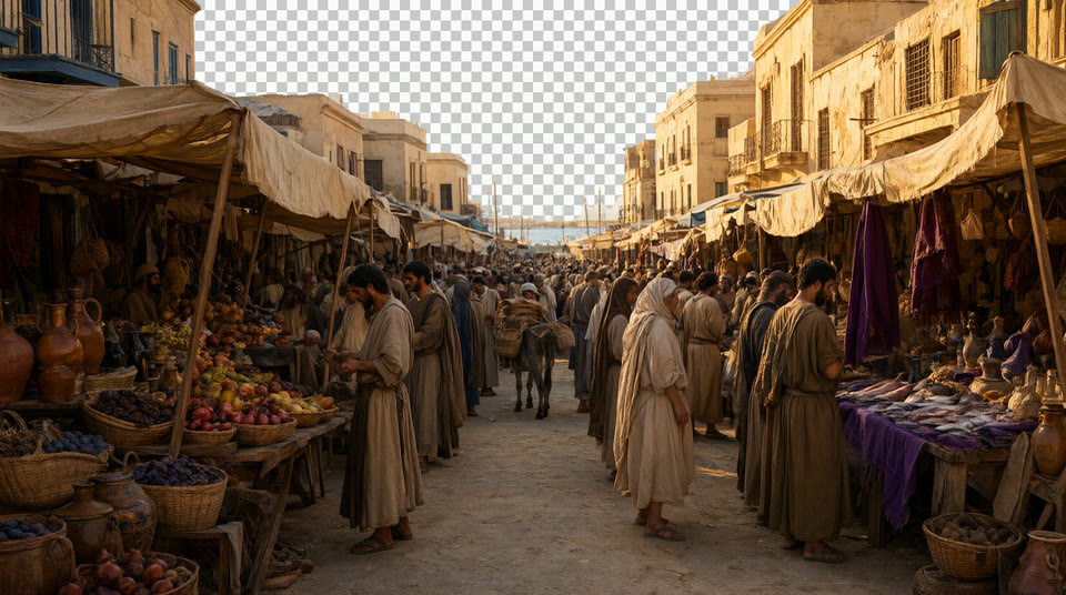 Scène de marché complète sur fond transparent, au lieu d'un calque isolé
