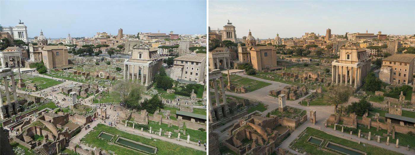 Avant et après : le Forum romain en ruines, sans touristes après