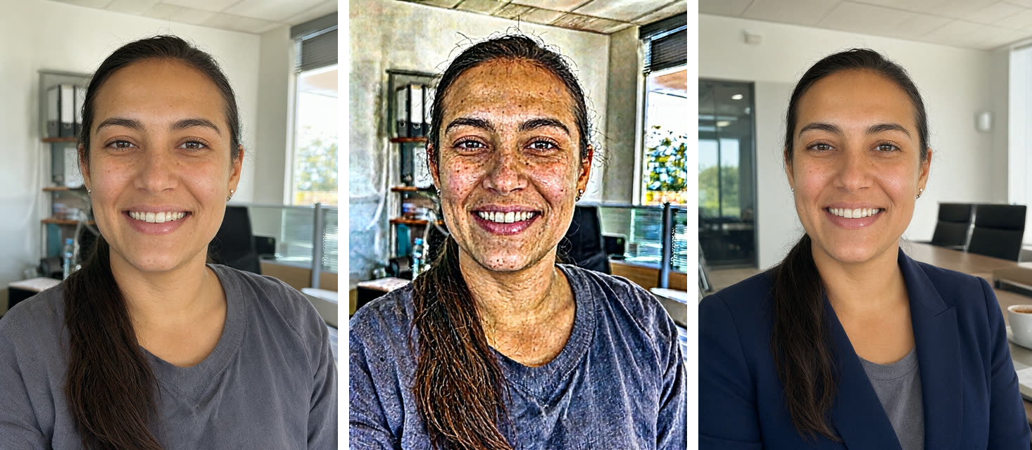 Trois portraits d'une personne fictive : l'original, une copie sursaturée, puis la version en blazer