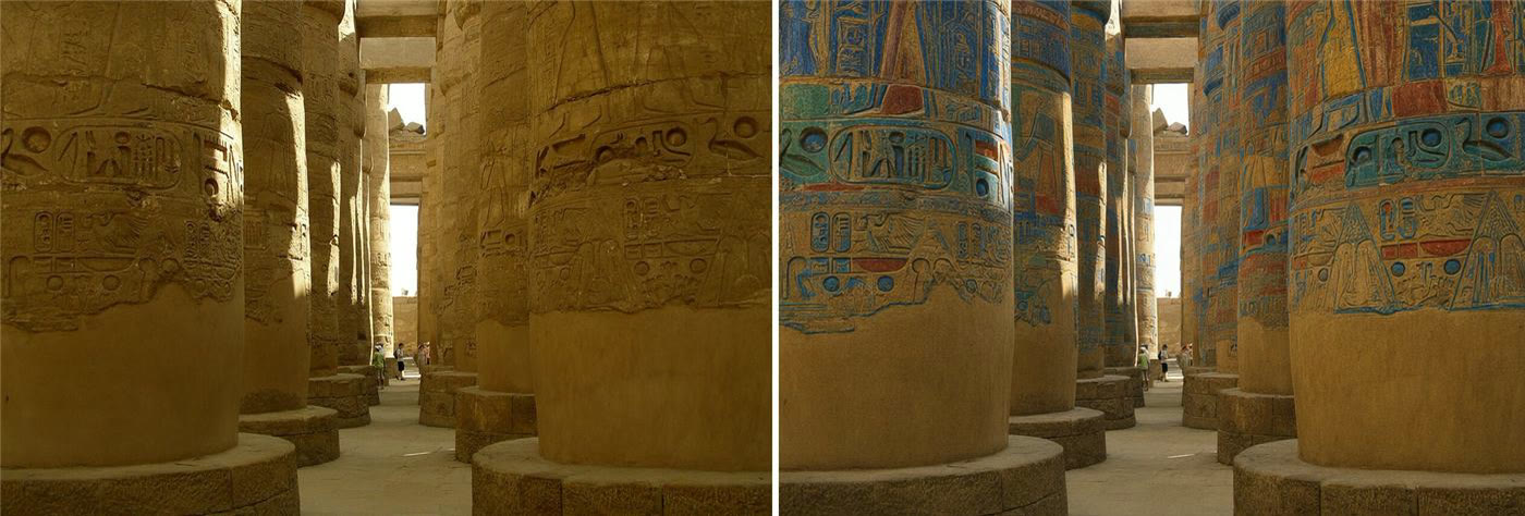 Avant et après : colonnes de Karnak grises puis polychromes