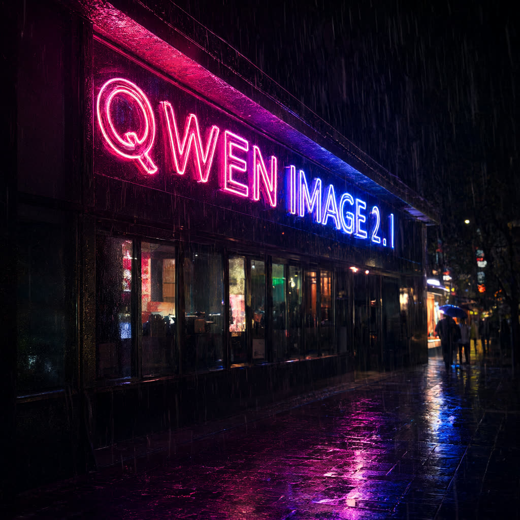 Enseigne néon « QWEN IMAGE 2.1 » sous la pluie, image générée