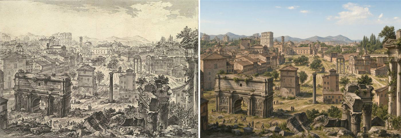 Gravure du Campo Vaccino et sa version en couleur