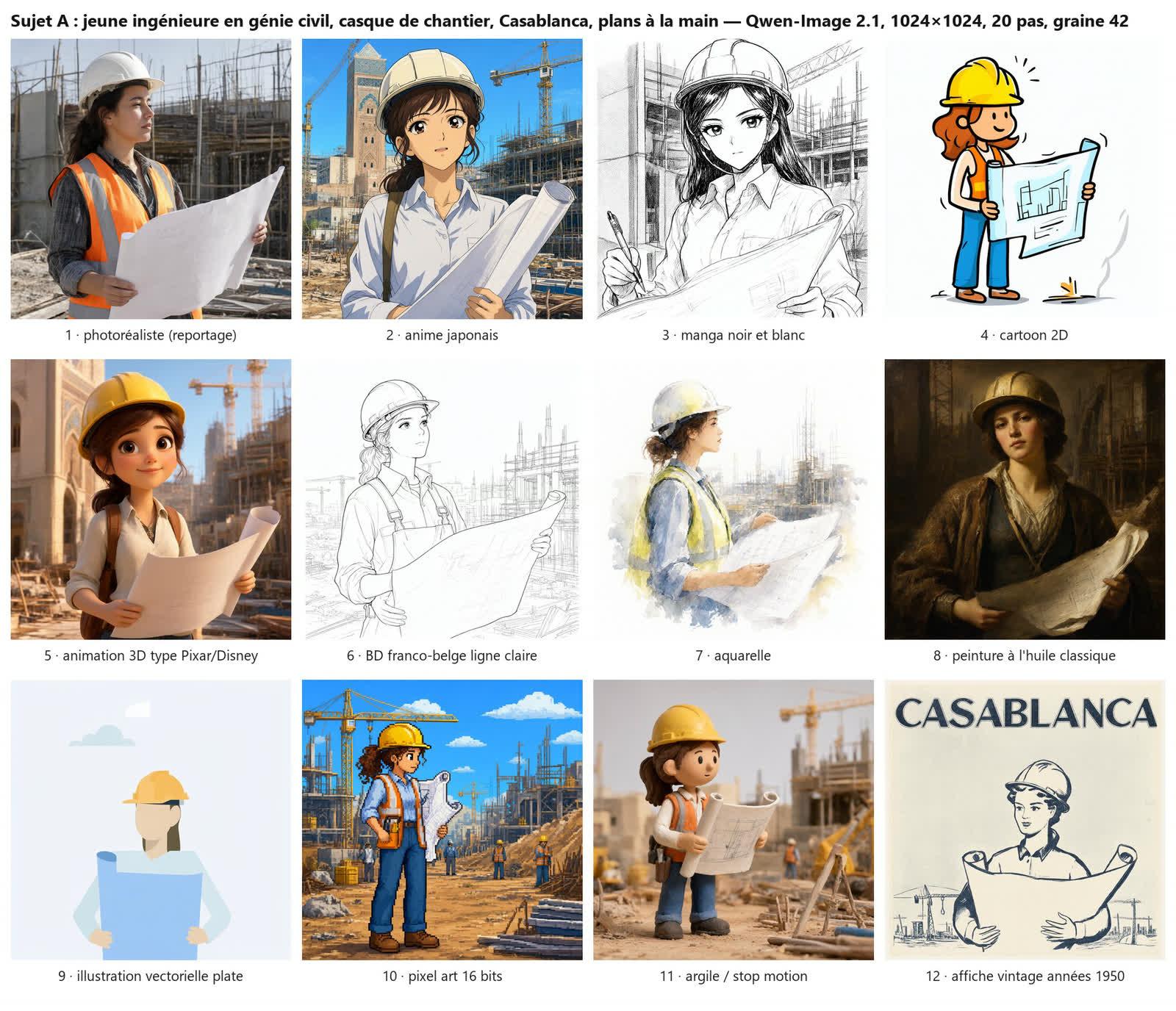Douze vignettes d'une ingénieure de chantier, une par style