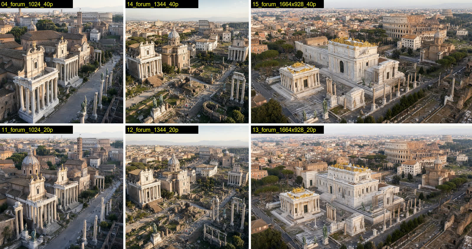 Six images du Forum romain à trois tailles et deux nombres de pas, toutes en ruines