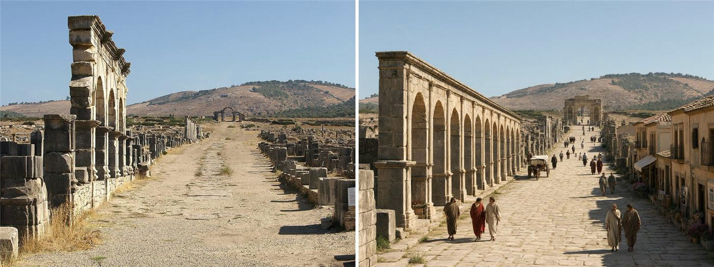Avant et après : le decumanus de Volubilis rendu comme une rue animée
