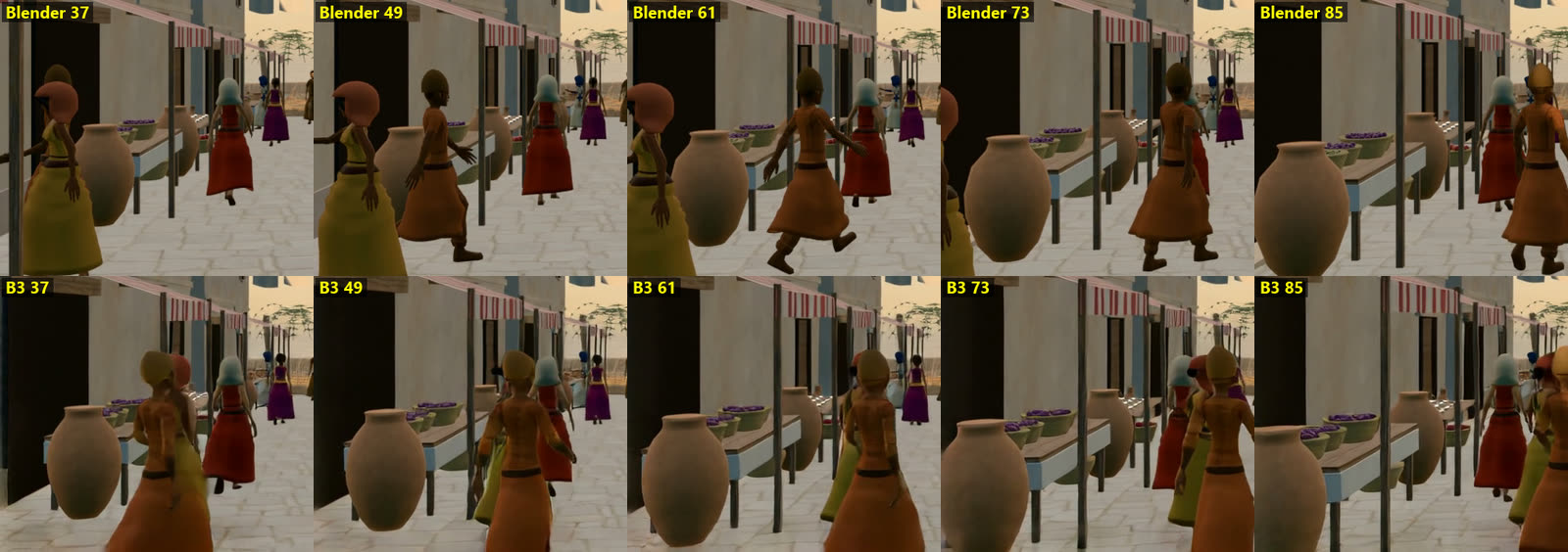 Deux bandes d'images : en haut le rendu, en bas deux silhouettes qui se fondent