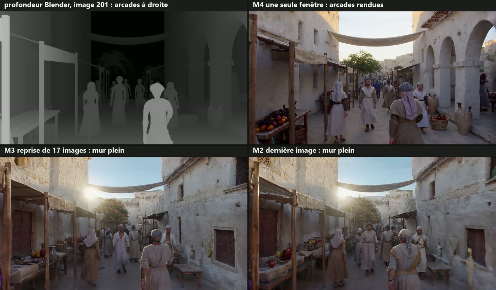 Image 201 : la profondeur avec des arcades à droite, M4 qui les rend, M3 et M2 qui montrent un mur plein