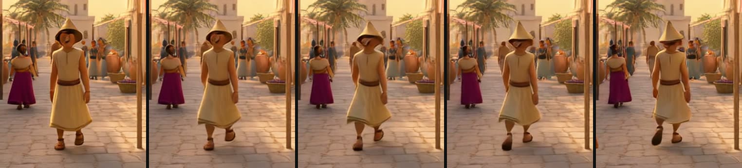 Cinq vignettes d'un même passant : de face à l'image 1, de dos à l'image 13
