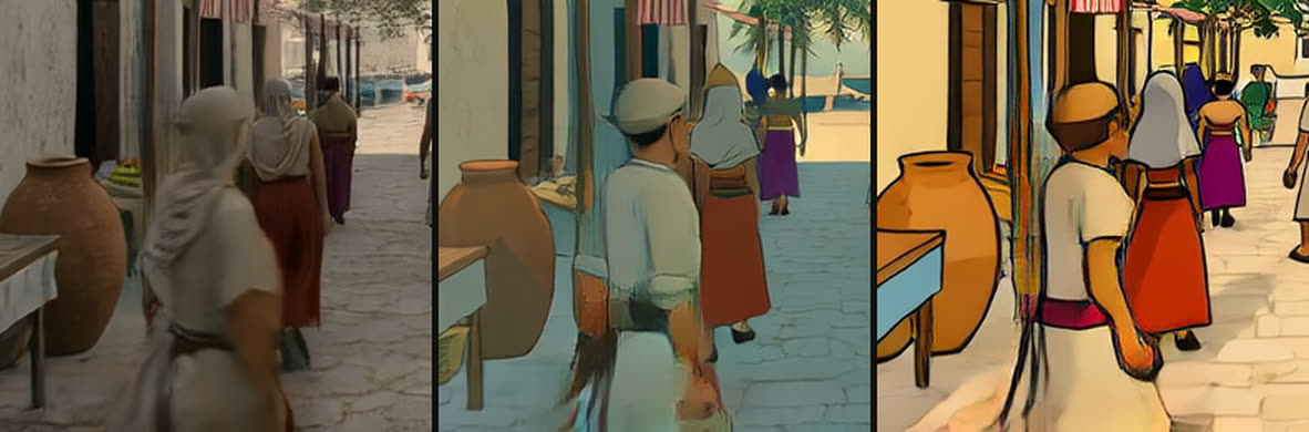 Trois vignettes du bord gauche de l'image 121 : un figurant flou, puis en traînées, puis avec des filaments noirs