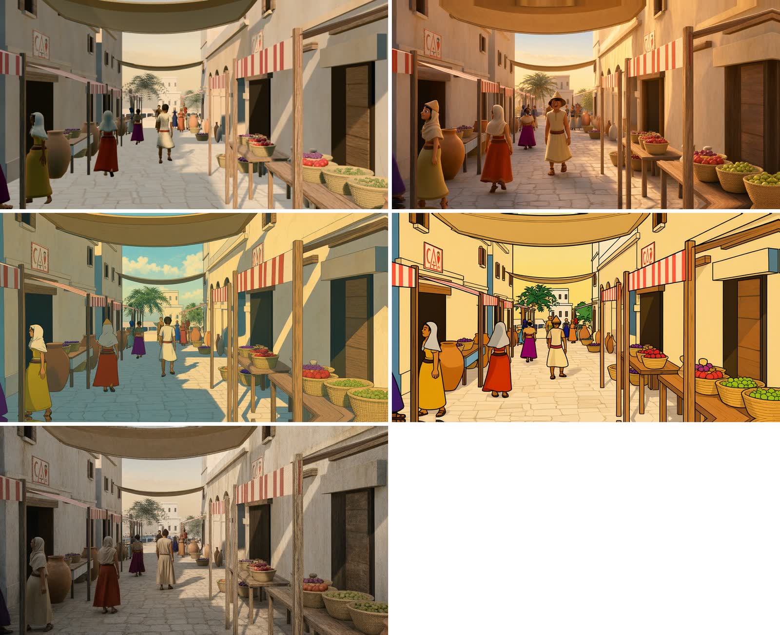 La rue v2 et ses quatre versions repeintes : 3D, anime, cartoon, photo